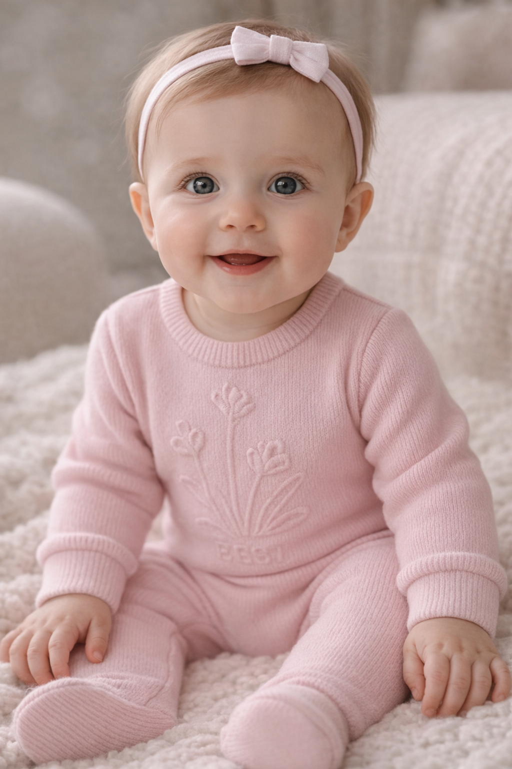 Embossed Knit Footie + Bonnet Set - Rose