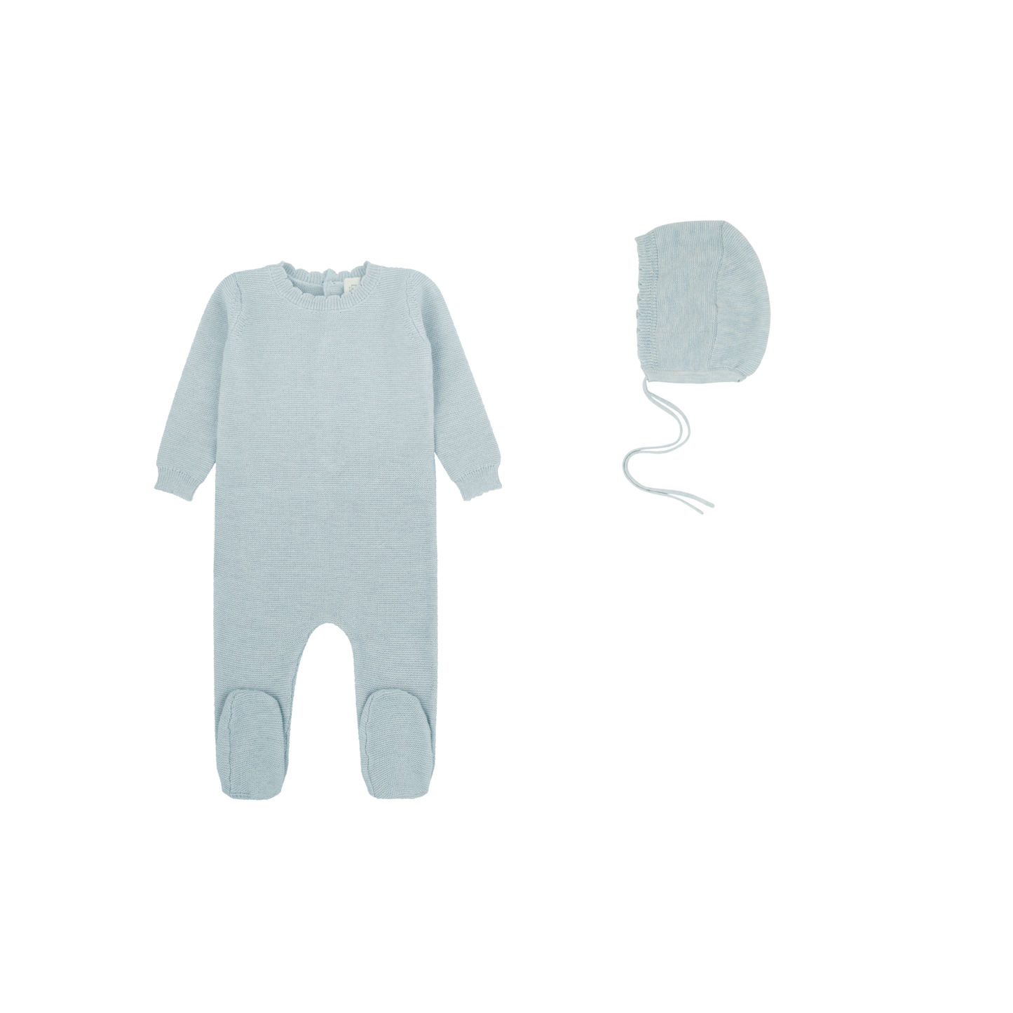 Scalloped Knit Footie + Bonnet - Celeste