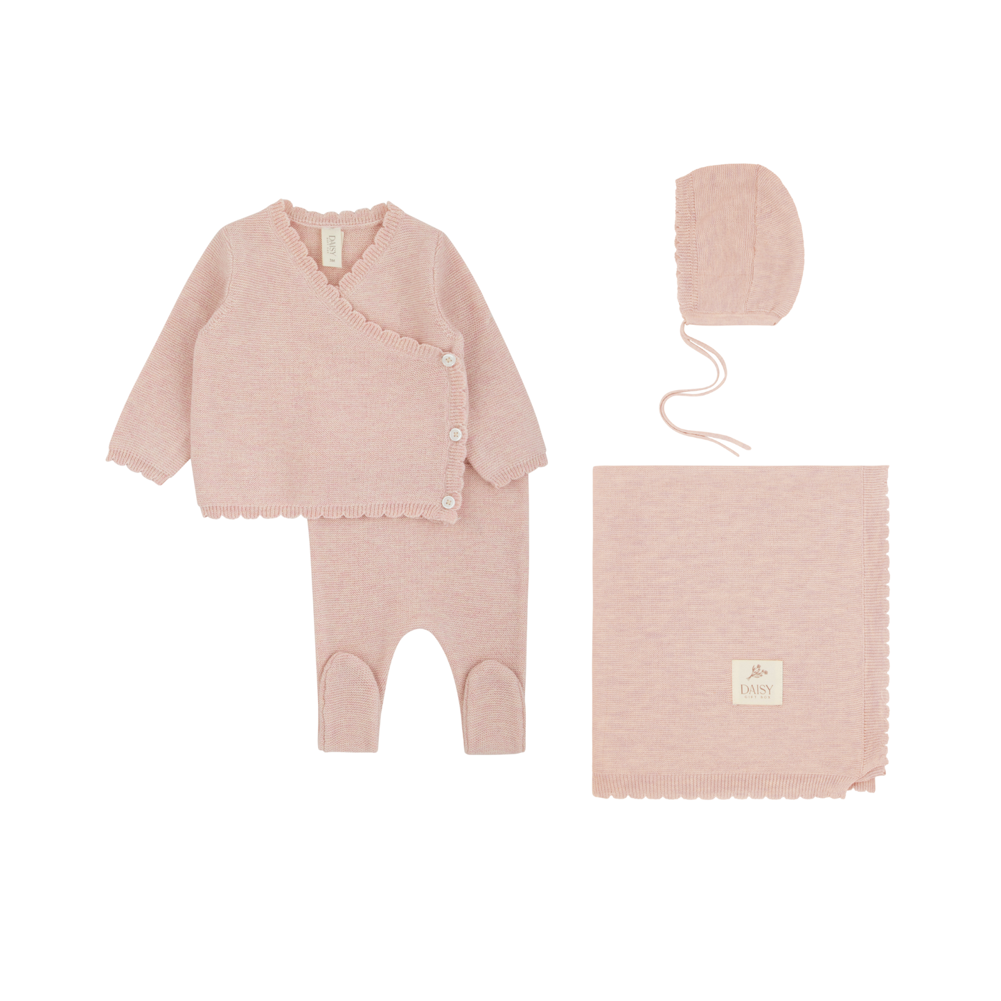 Knit Kimono Wrap Set + Bonnet + Blanket - Roselle