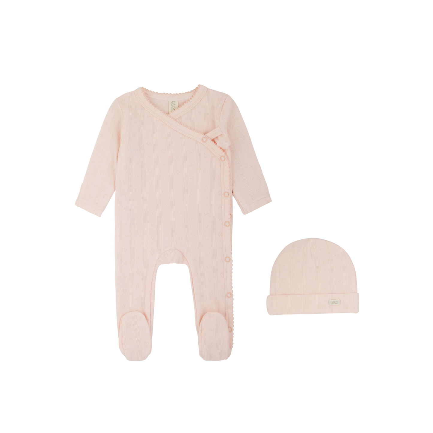 Pointelle Heart Footie & Beanie Set – Soft Pink
