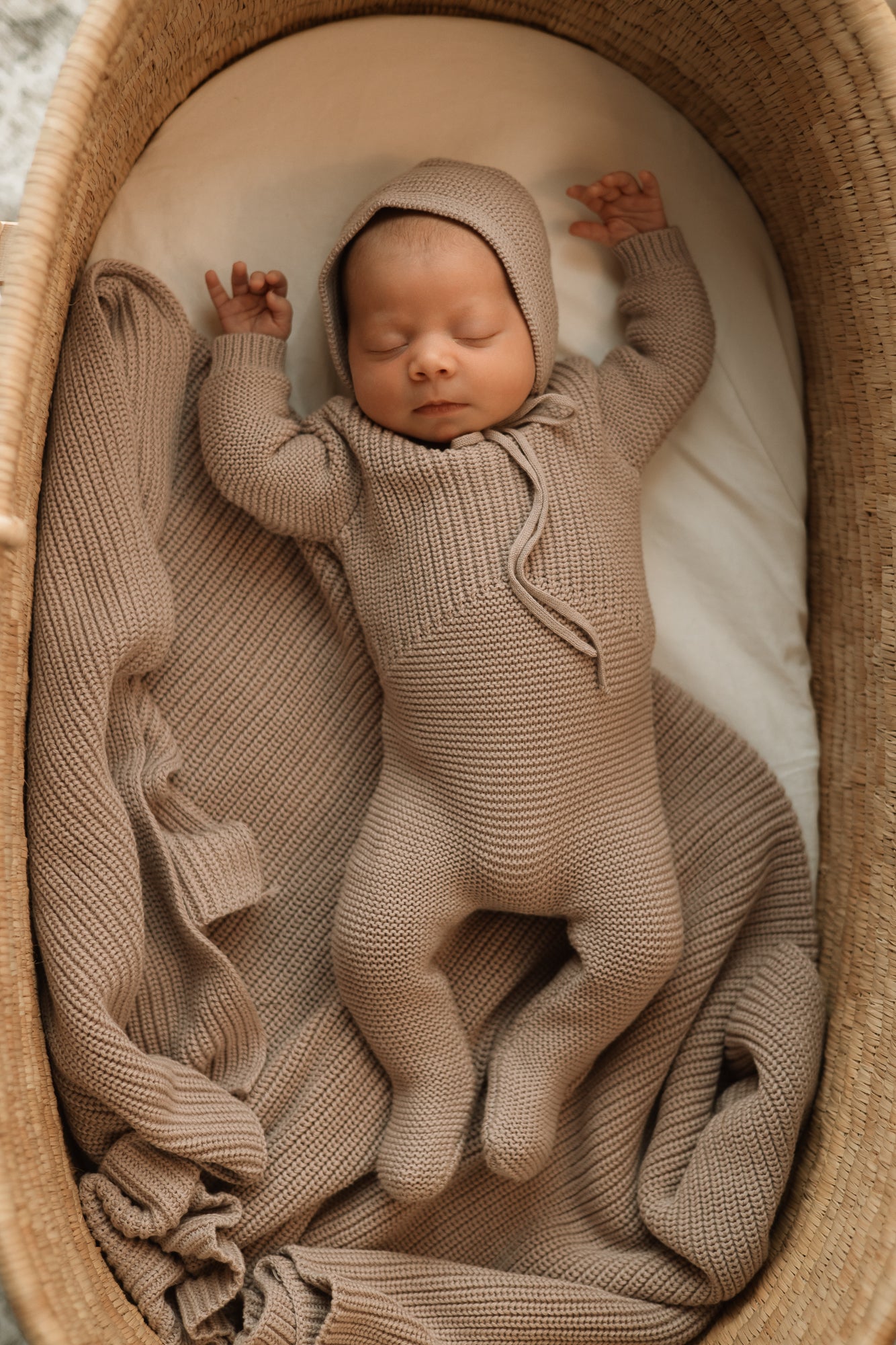 Mauve Knit Layette – Footie, Bonnet & Blanket
