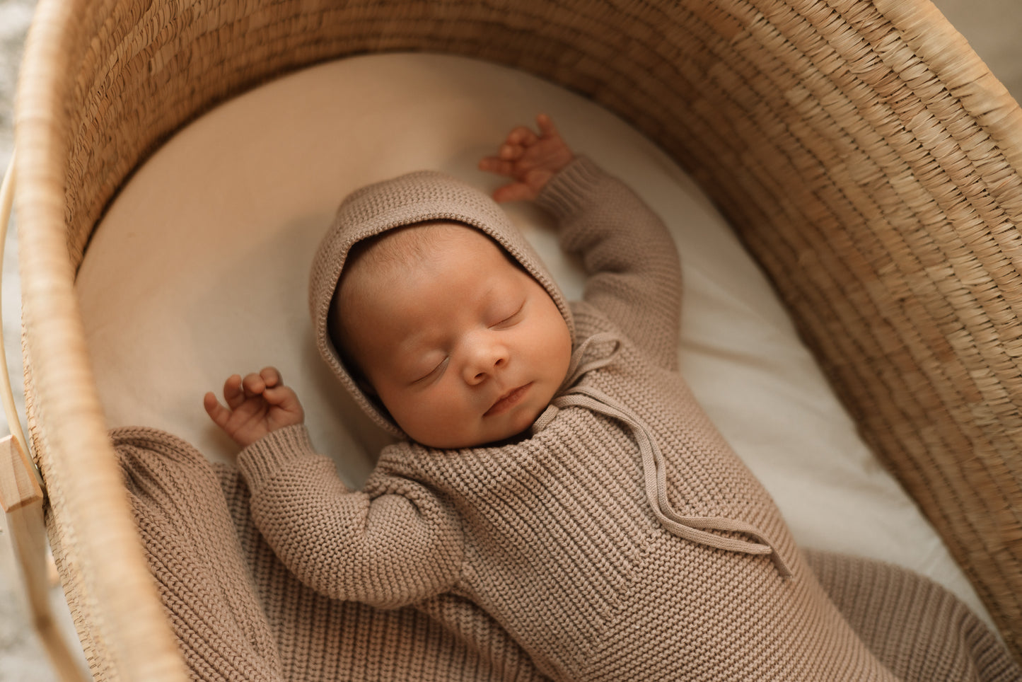 Mauve Knit Layette – Footie, Bonnet & Blanket