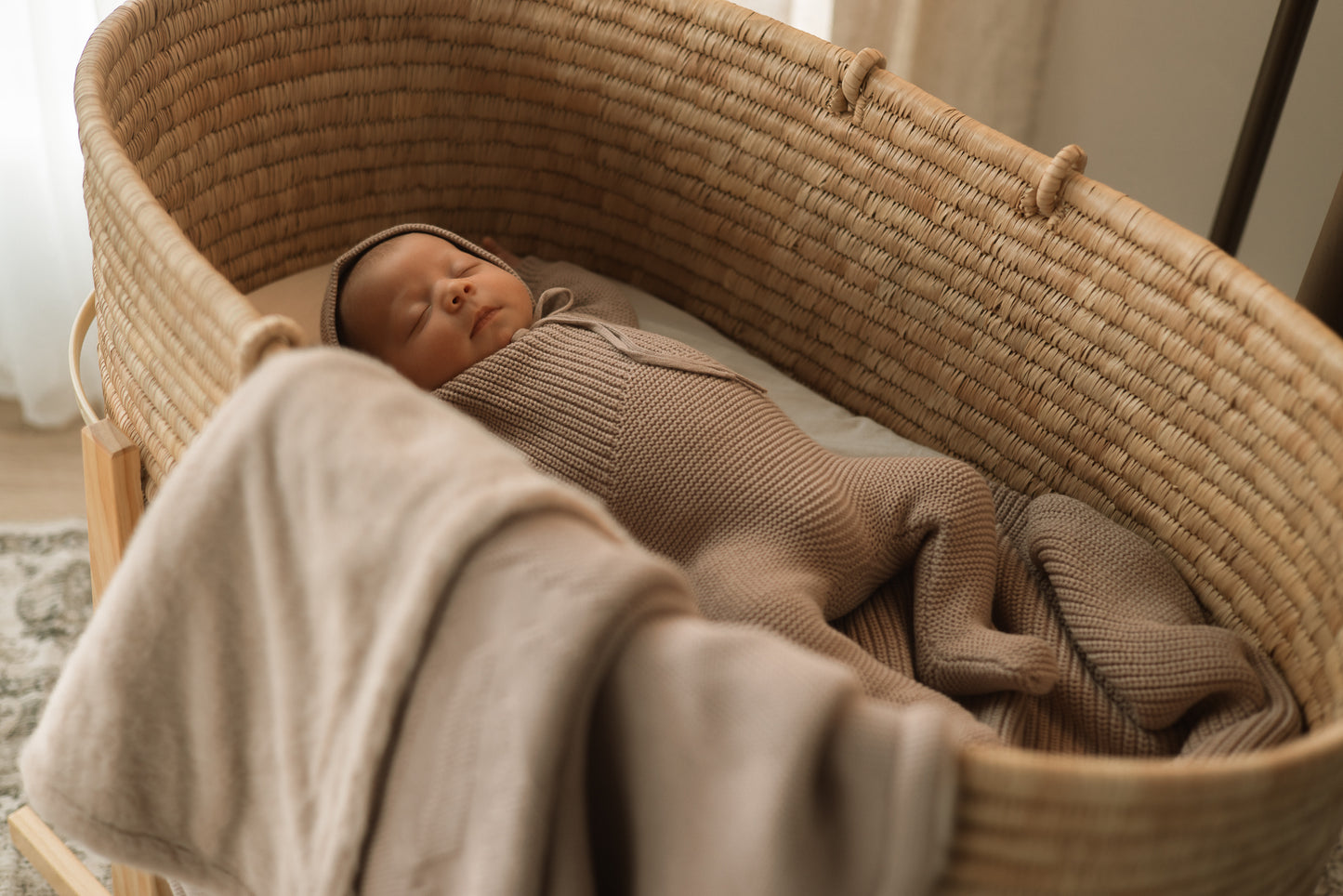 Mauve Knit Layette – Footie, Bonnet & Blanket
