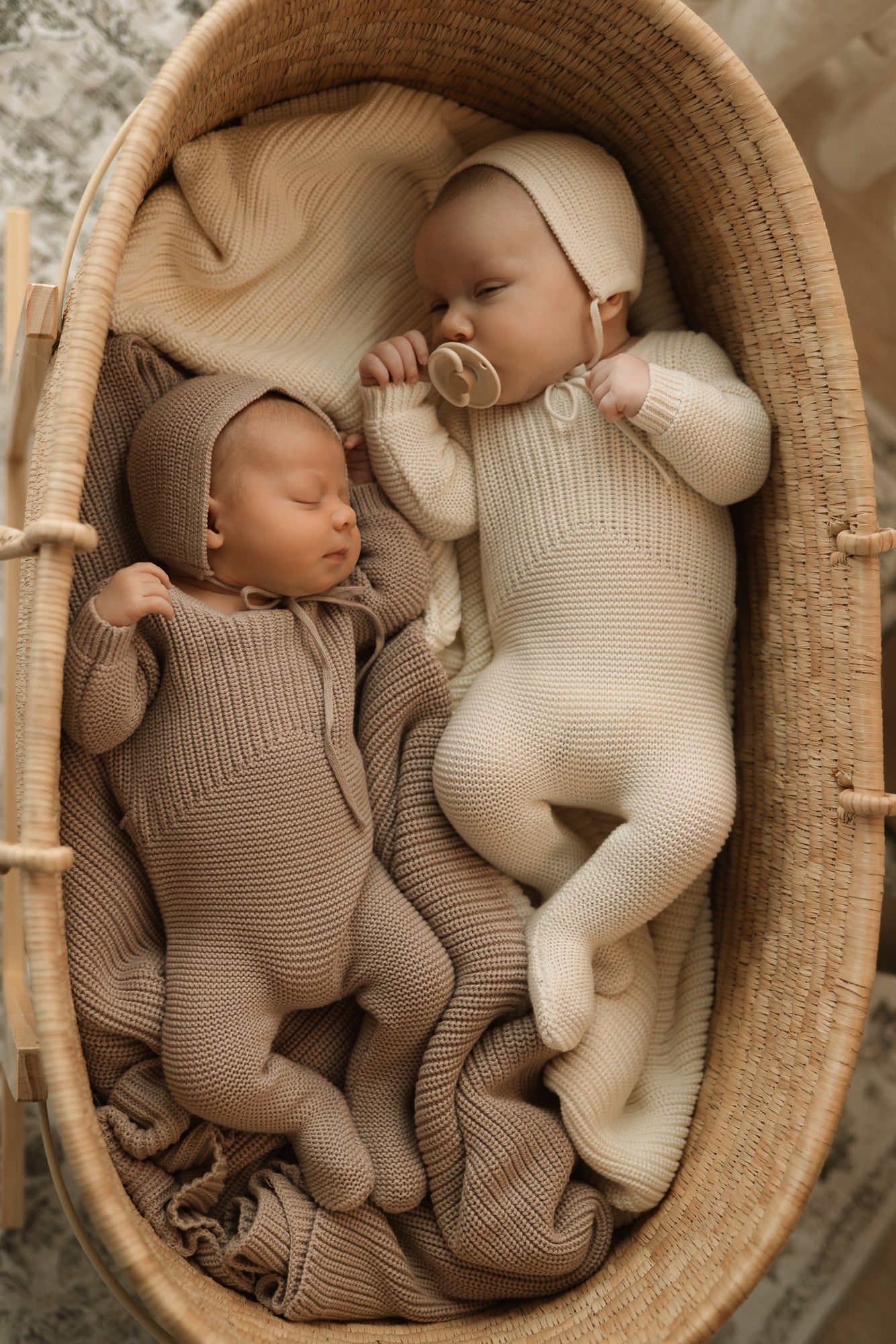 Mauve Knit Layette – Footie, Bonnet & Blanket