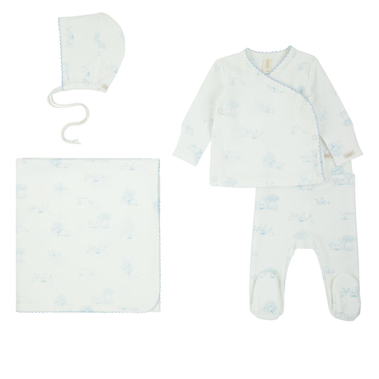 Toile All Print Kimono Two Piece set, Bonnet & Blanket - Pink