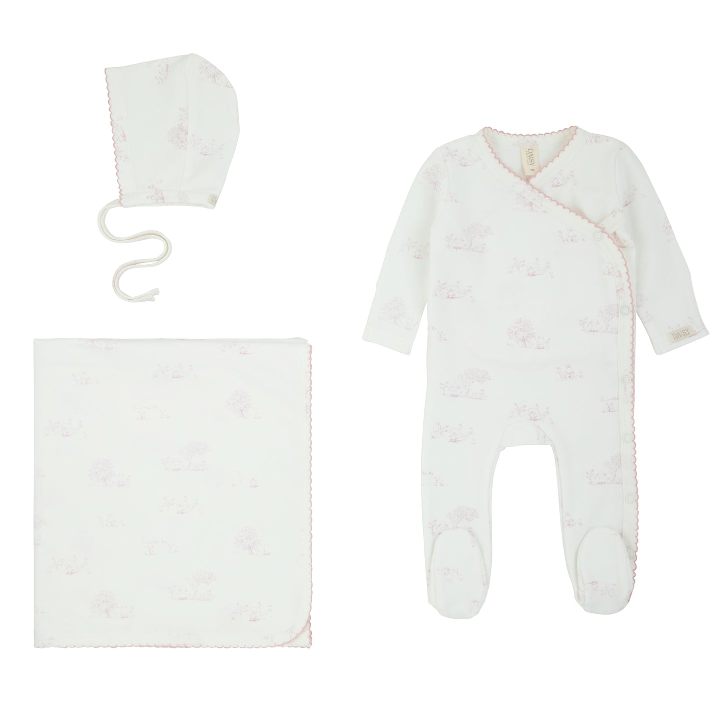 Toile All Print Kimono Footie, Beanie & Blanket Set - Pink