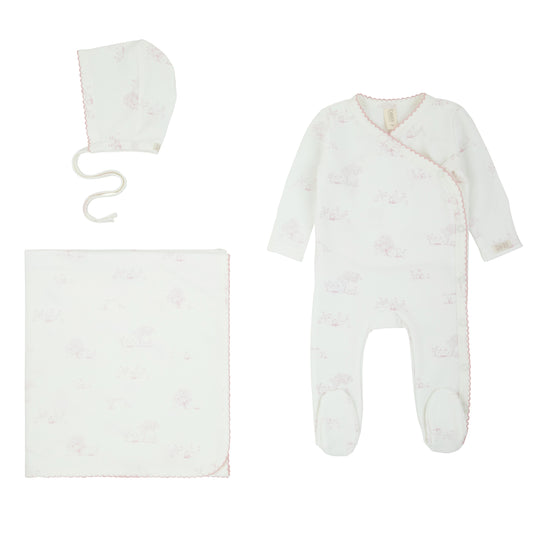 Toile All Print Kimono Footie, Beanie & Blanket Set - Pink