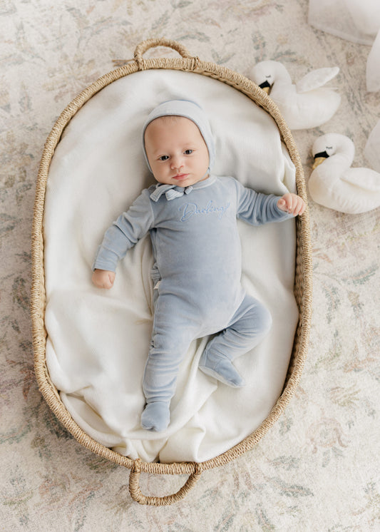 Darling Leaf Footie & Bonnet Set - Wisp Blue