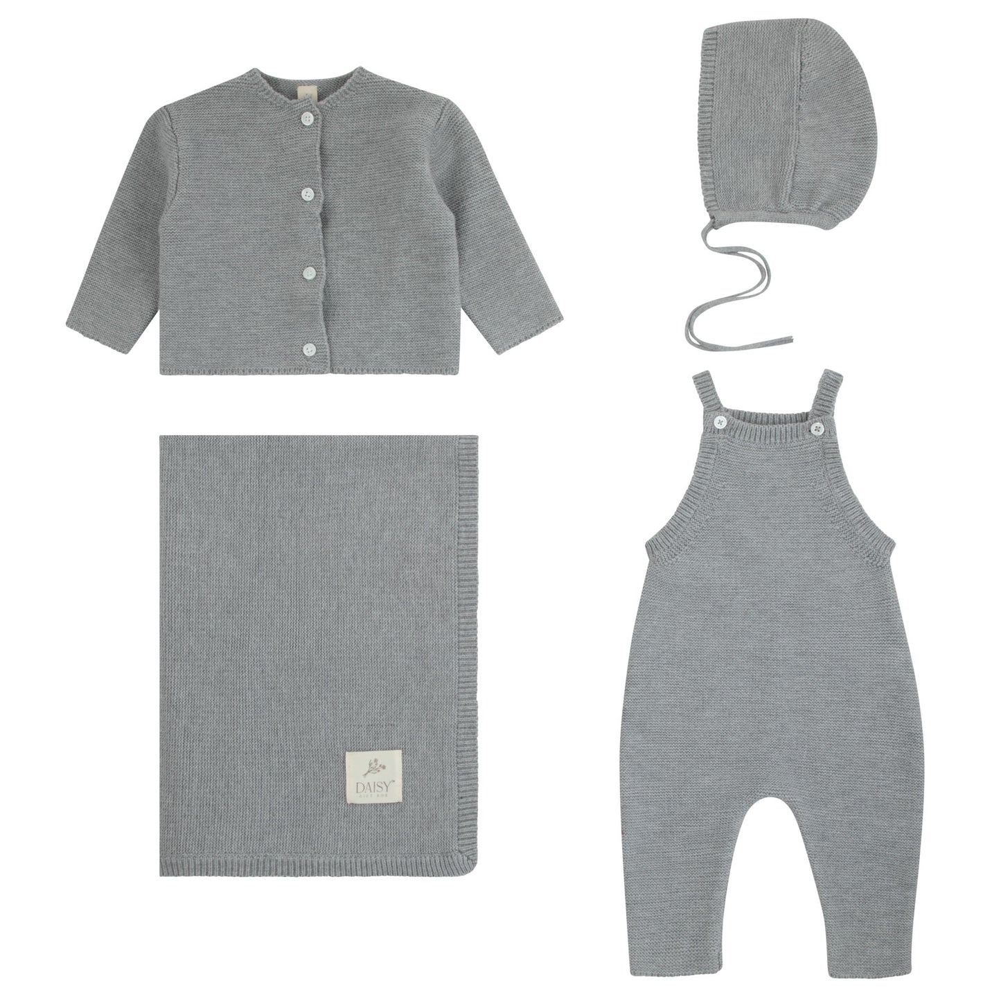 Knit Overalls & Cardigan 4pc Full Set - Grey