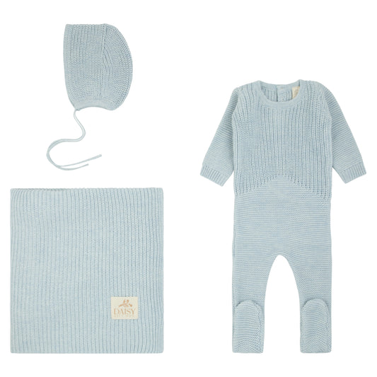Celeste Knit Layette – Footie, Bonnet & Blanket