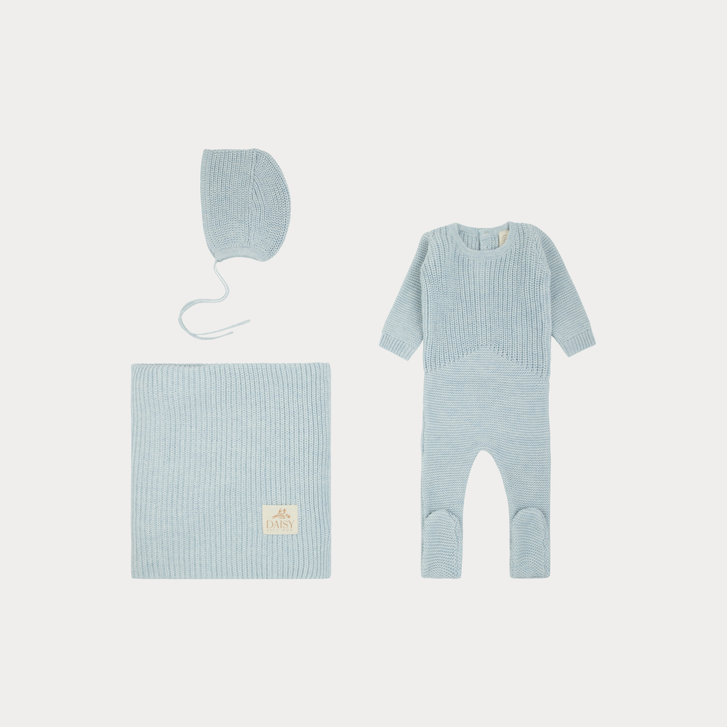 Celeste Knit Layette – Footie, Bonnet & Blanket