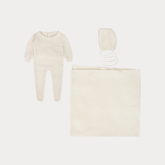 Cream Knit Layette – Footie, Bonnet & Blanket