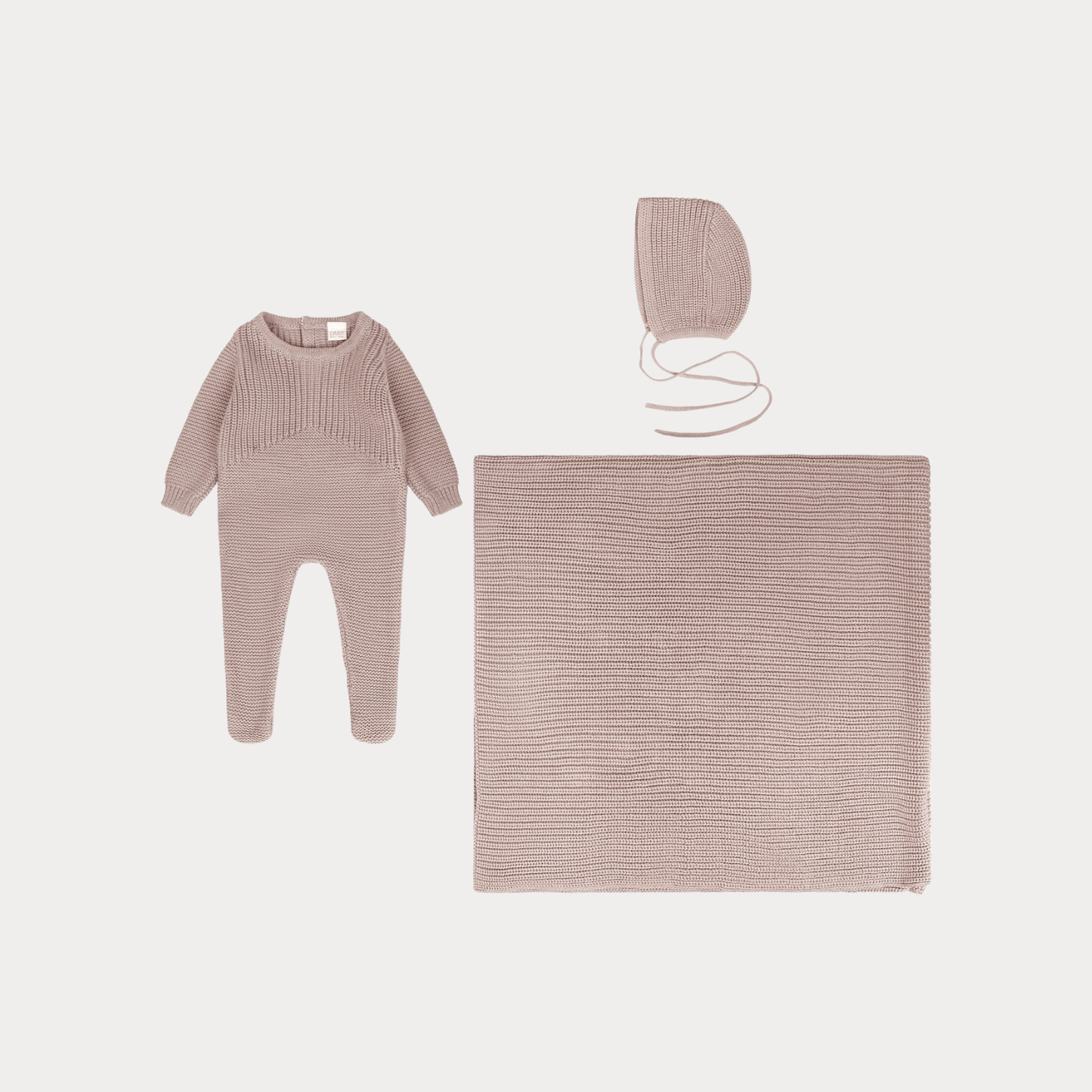 Mauve Knit Layette – Footie, Bonnet & Blanket