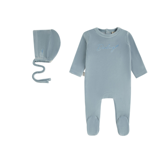 Darling Leaf Footie & Bonnet Set - Wisp Blue