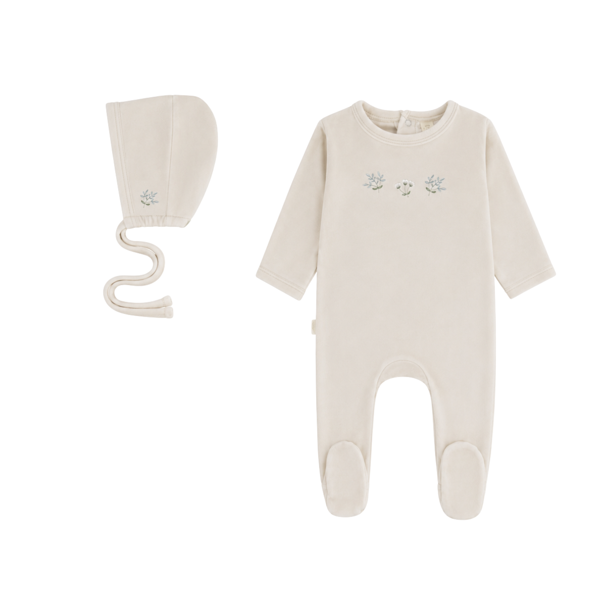 Detailed Velour Footie & Bonnet Set - Cream
