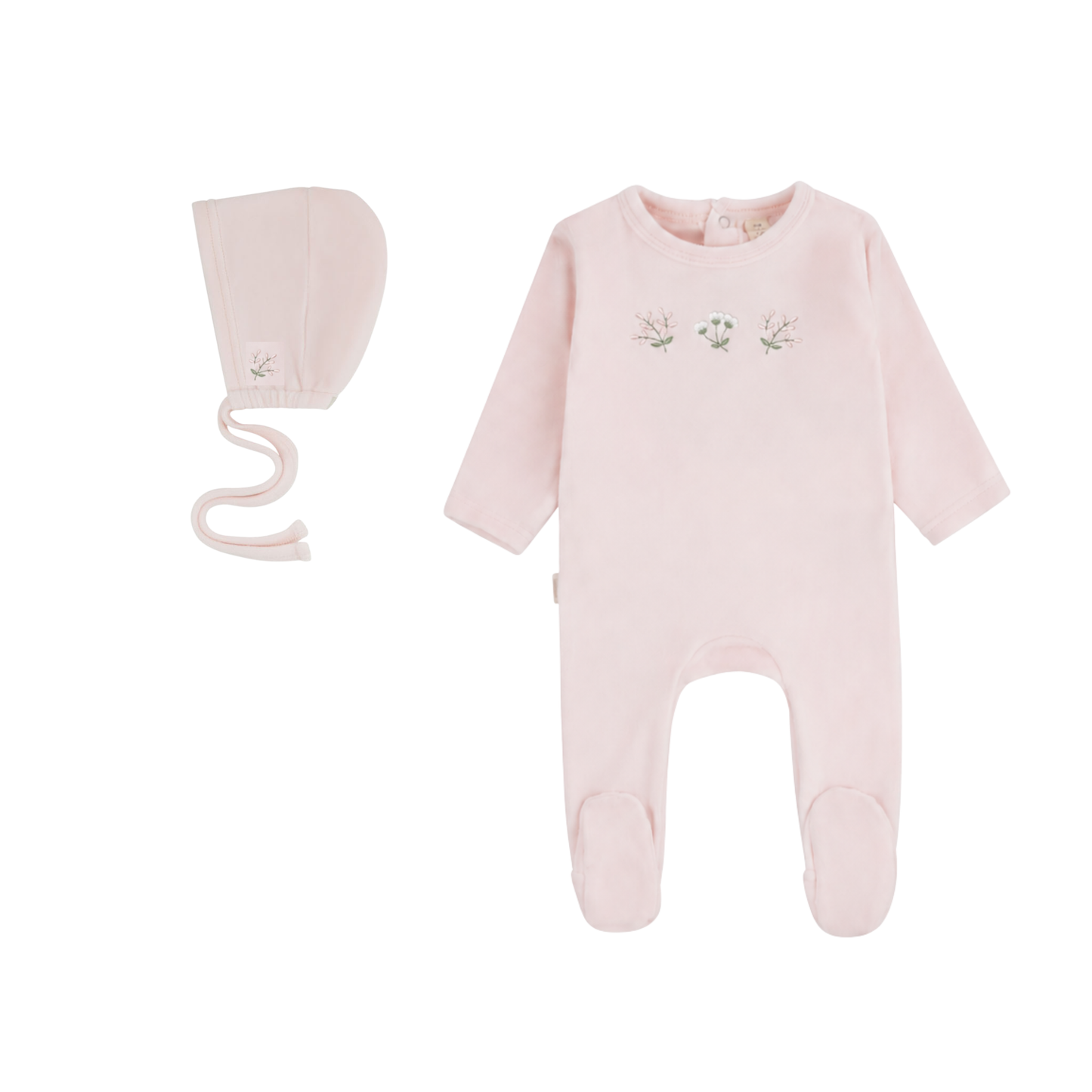 Detailed Velour Footie & Bonnet Set - Rose