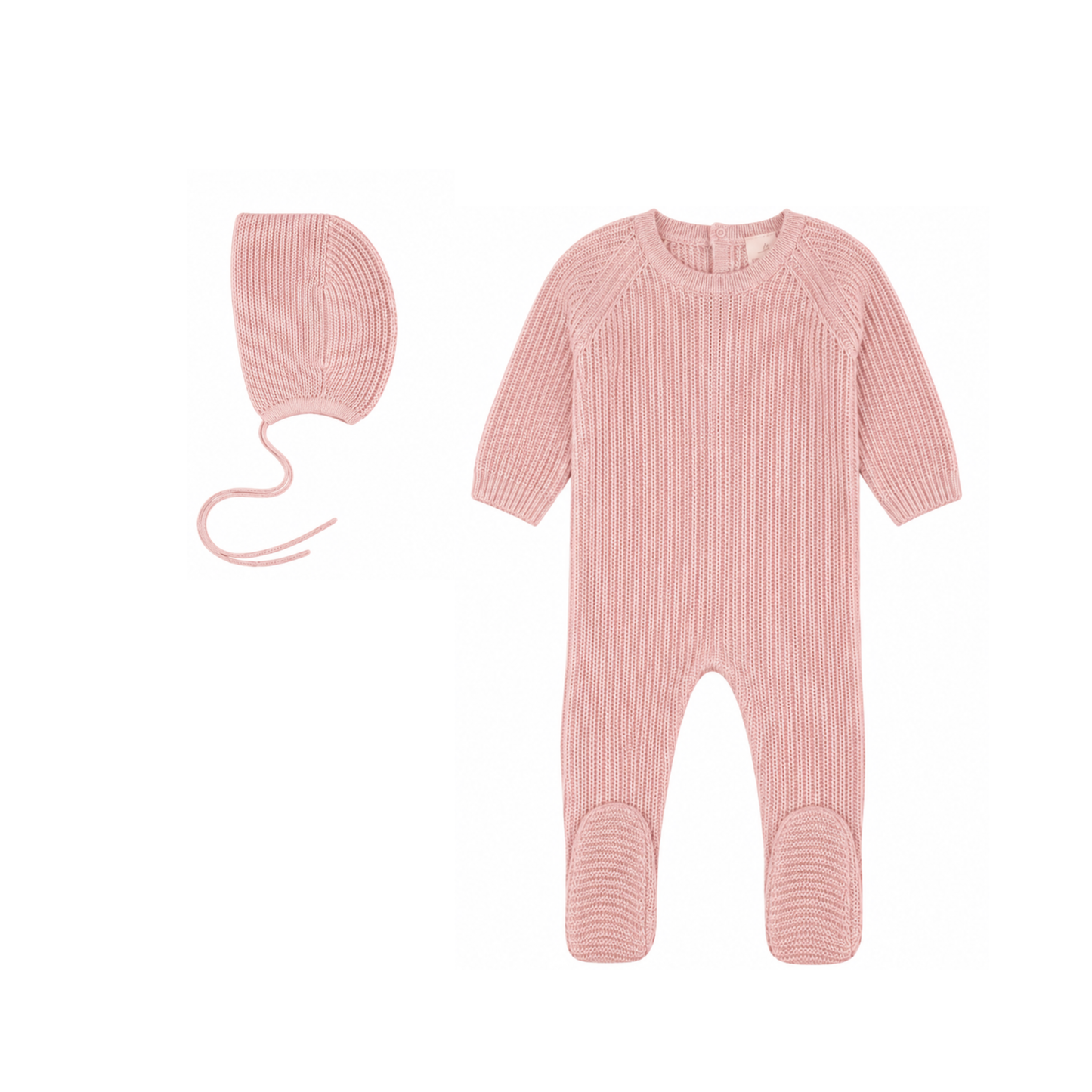 Rib Knit Footie & Bonnet - Rose