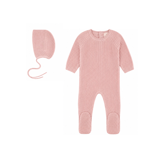 Rib Knit Footie & Bonnet - Rose