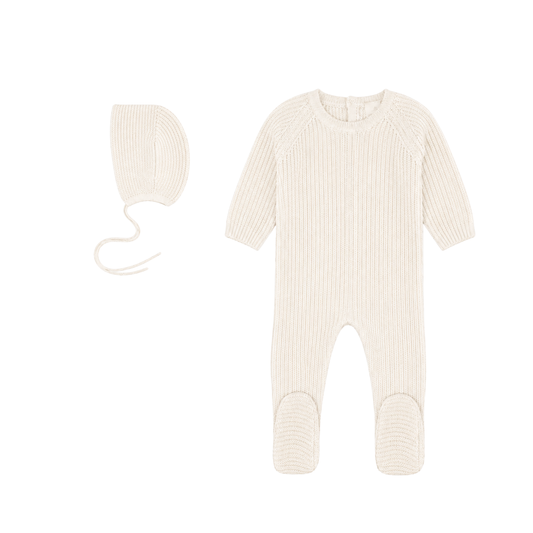 Rib Knit Footie & Bonnet - Cream