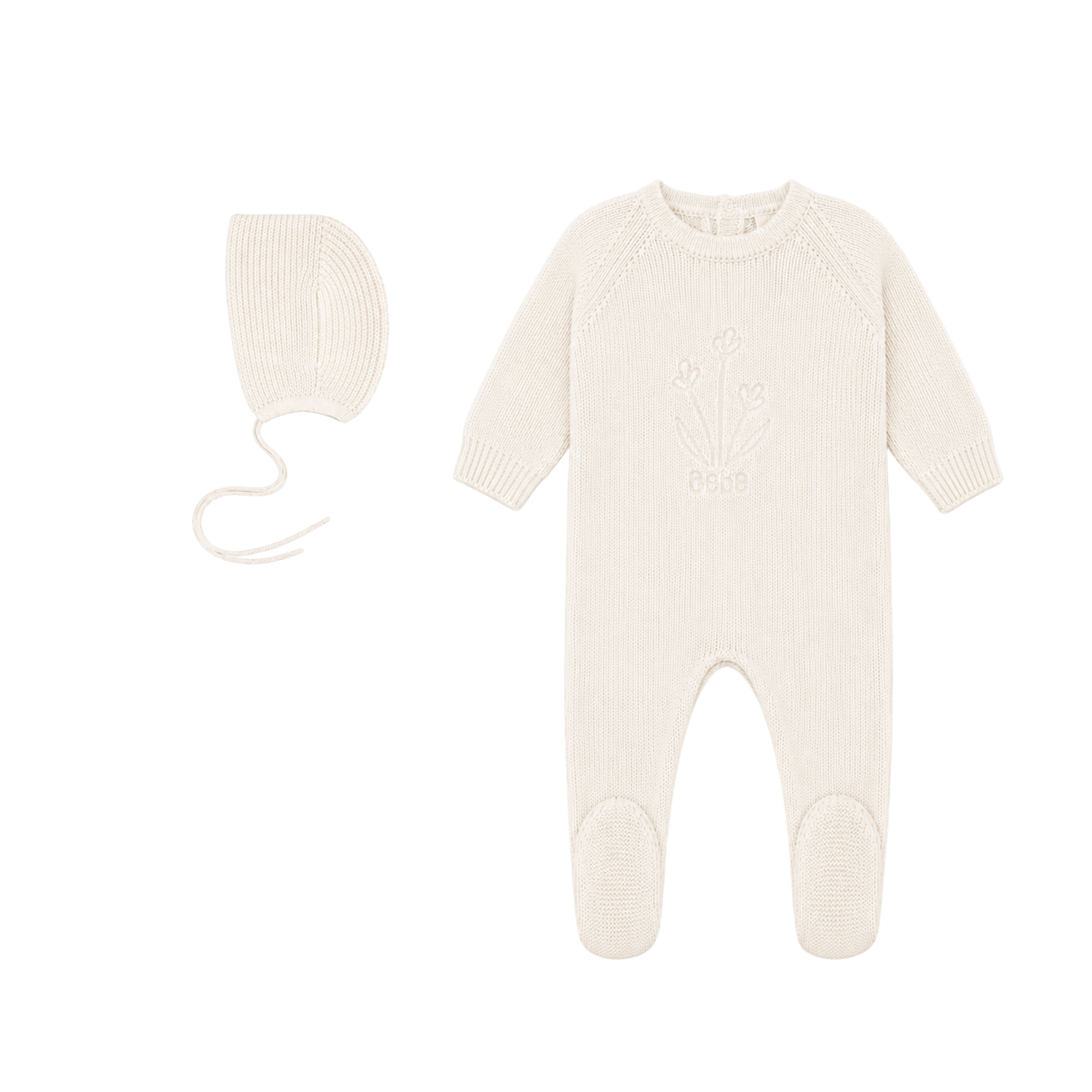 Embossed Knit Footie + Bonnet Set - Cream