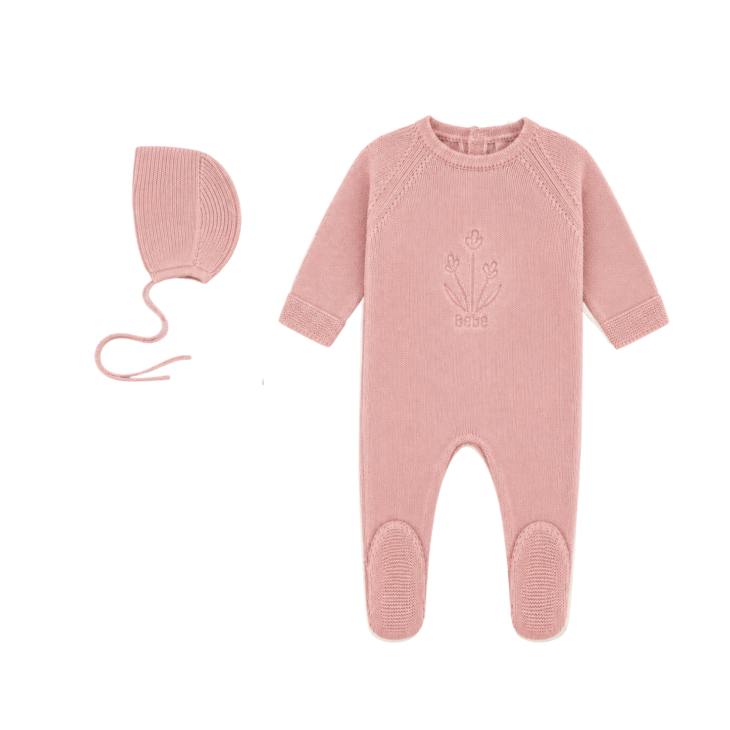 Embossed Knit Footie + Bonnet Set - Rose