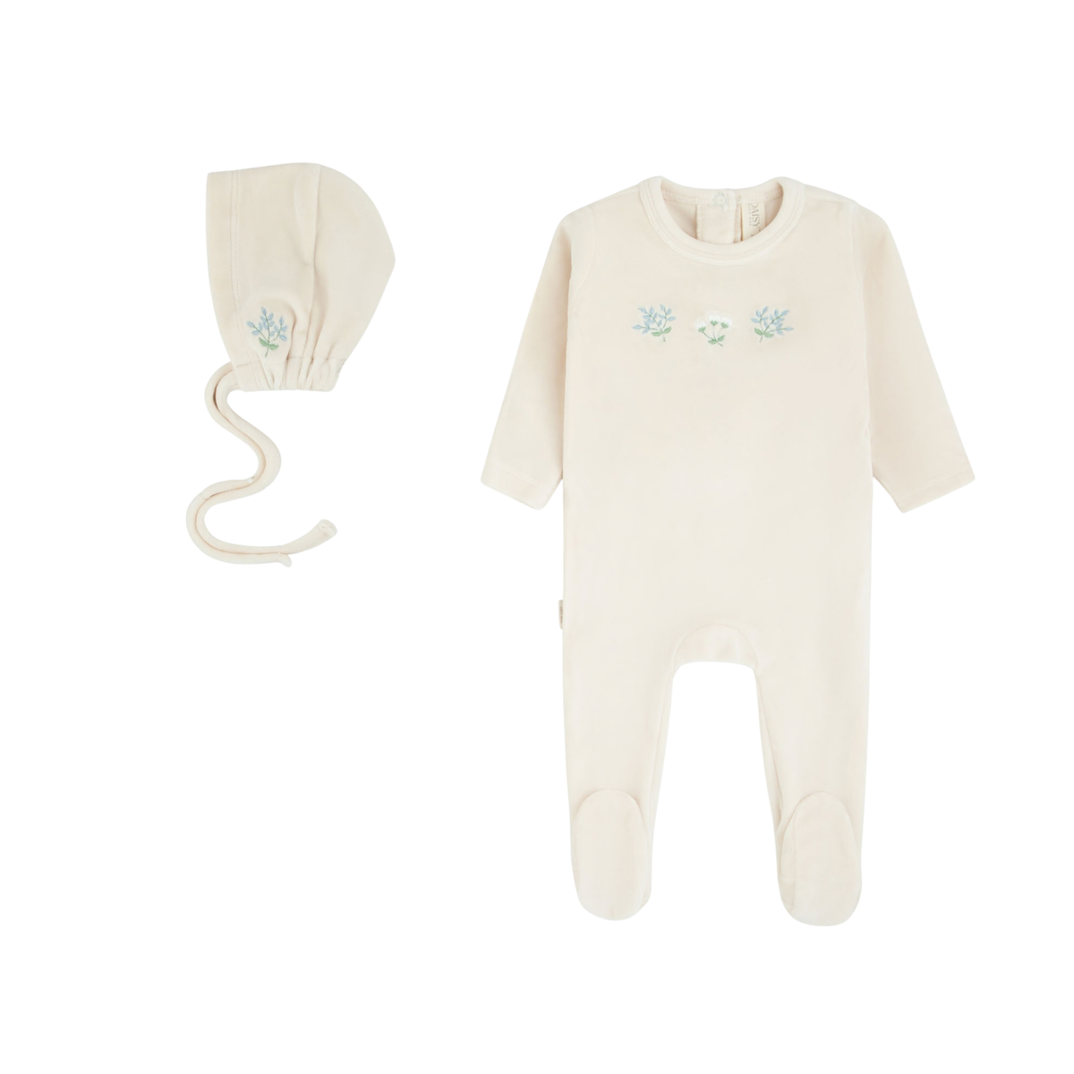 Detailed Velour Footie & Bonnet Set - Cream