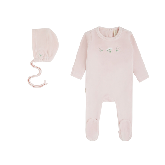 Detailed Velour Footie & Bonnet Set - Rose