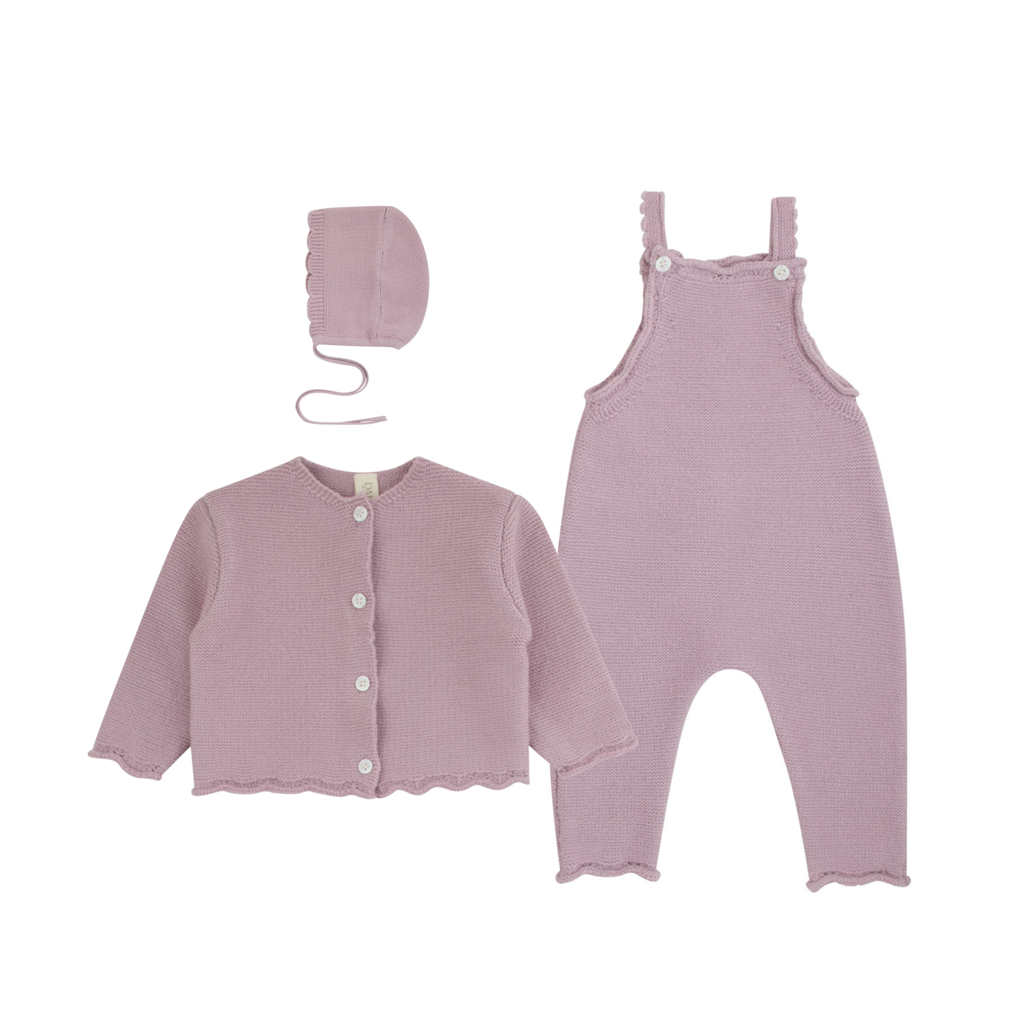 Knit Overalls, Cardigan & Bonnet Set - Lilac