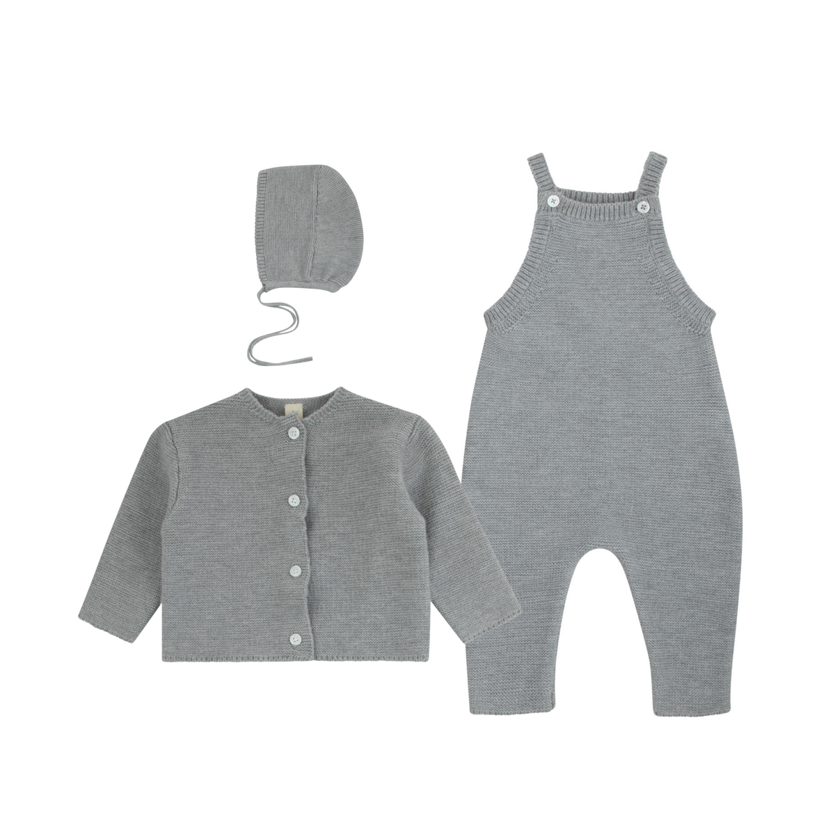 Knit Overalls, Cardigan & Bonnet Set - Grey