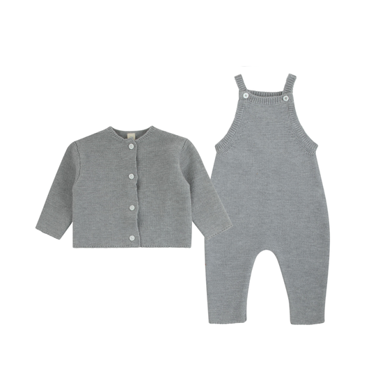 Knit Overalls & Cardigan Set - Grey
