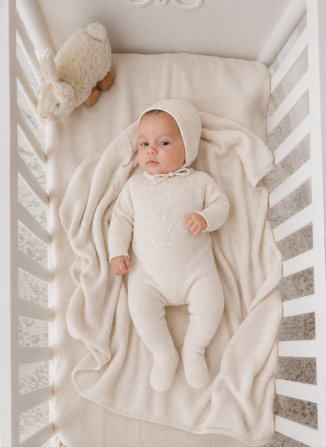 Embossed Knit Footie + Bonnet Set - Cream