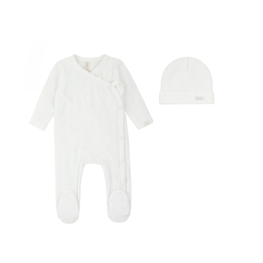 Pointelle Footie + Beanie - White