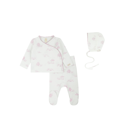 Toile Kimono Wrap Set + Bonnet - Pink