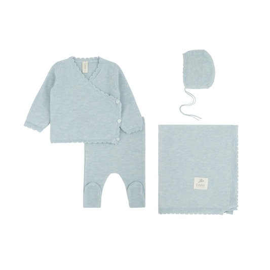 Knit Kimono Wrap Set + Bonnet + Blanket - Celeste