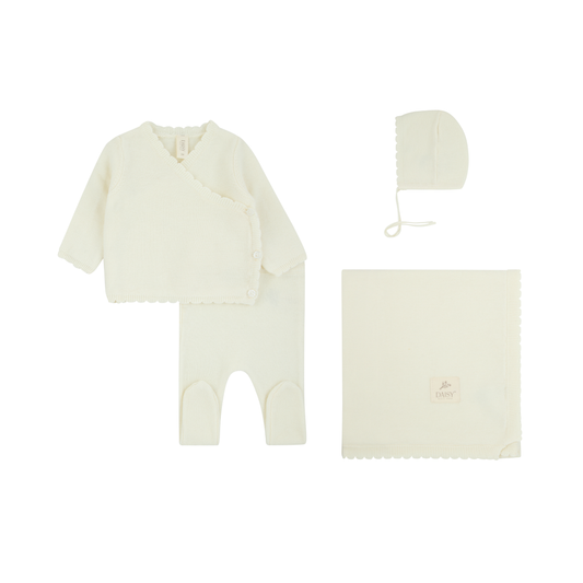Knit Kimono Wrap Set + Bonnet + Blanket - Cream