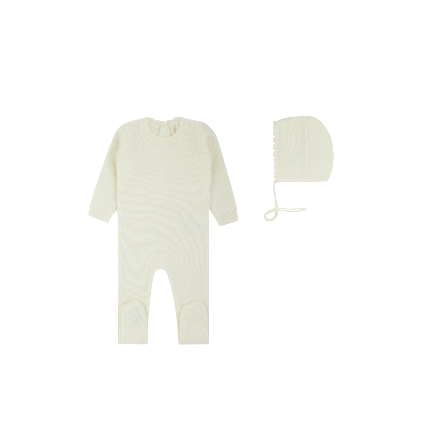 Scalloped Knit Footie + Bonnet - Cream