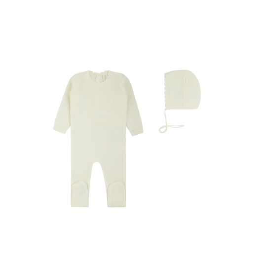 Scalloped Knit Footie + Bonnet - Cream