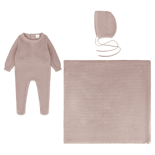 Mauve Knit Layette – Footie, Bonnet & Blanket