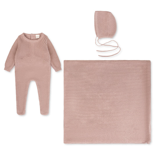 Mauve Knit Layette – Footie, Bonnet & Blanket