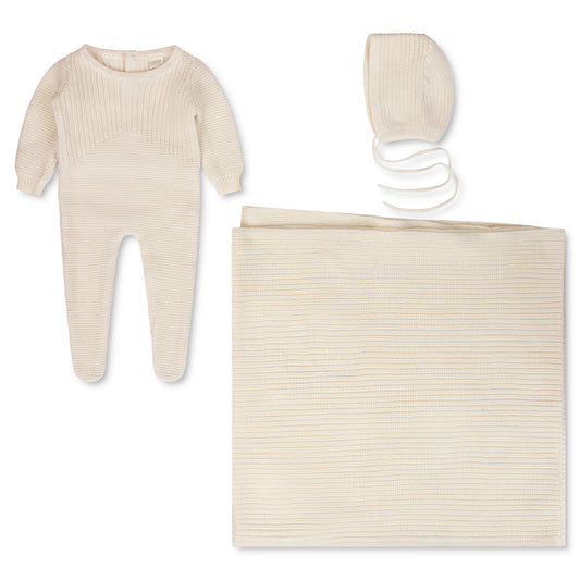 Cream Knit Layette – Footie, Bonnet & Blanket