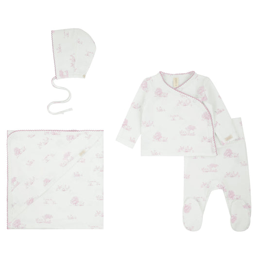 Toile Kimono Wrap Set + Bonnet + Blanket - Pink