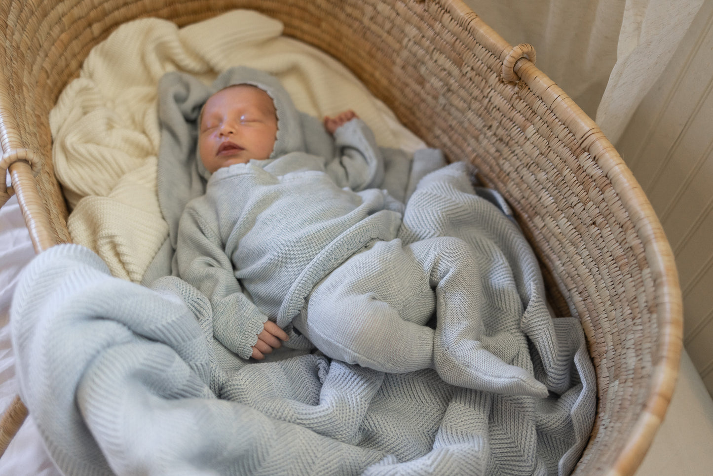 Knit Kimono Wrap Set + Bonnet + Blanket - Celeste